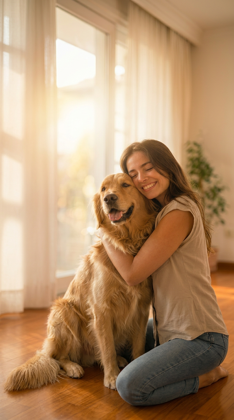 Mulher abraçando seu golden retriever na Pet Family